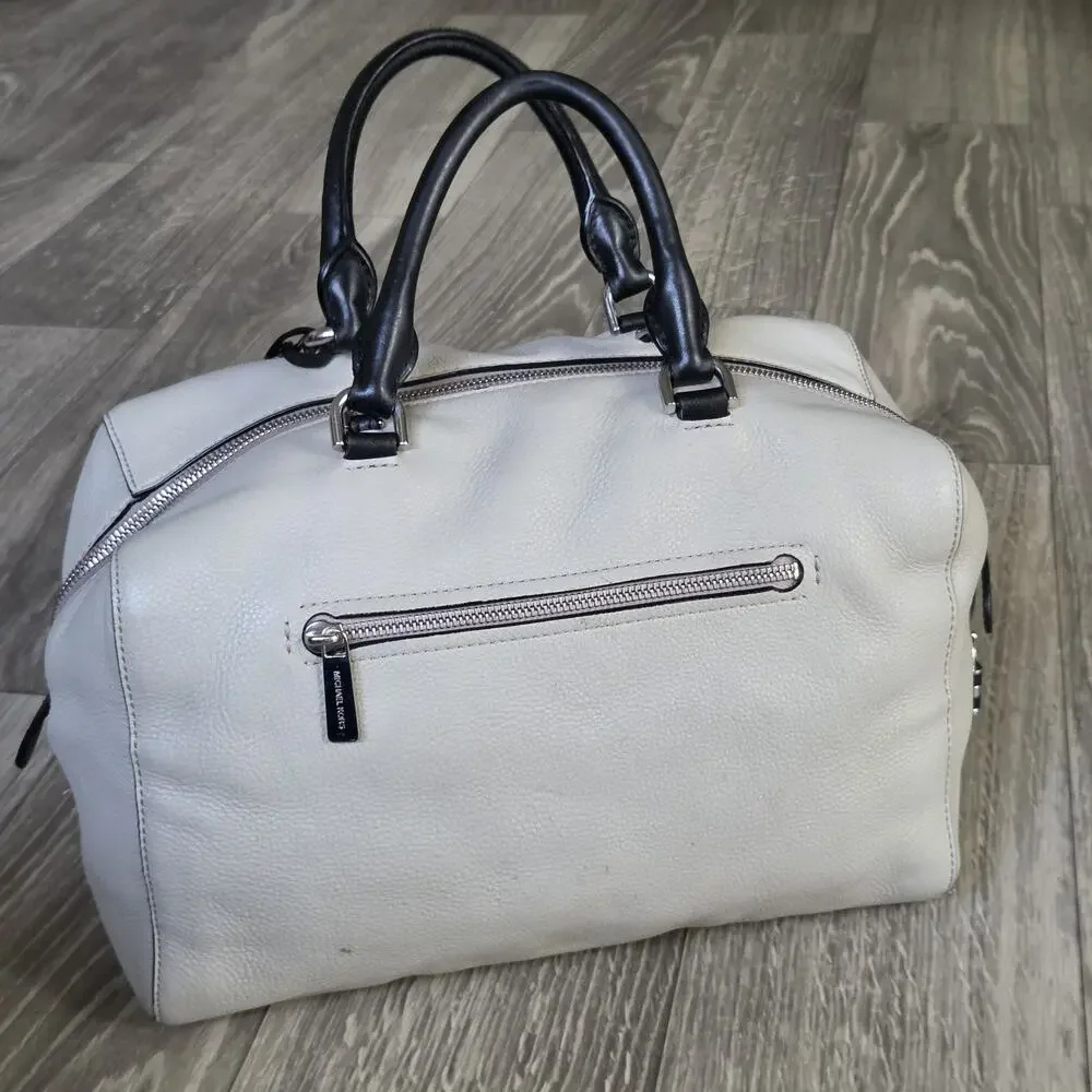 Michael Kors White Leather Satchel Handbag Black Handles No Shoulder Strap